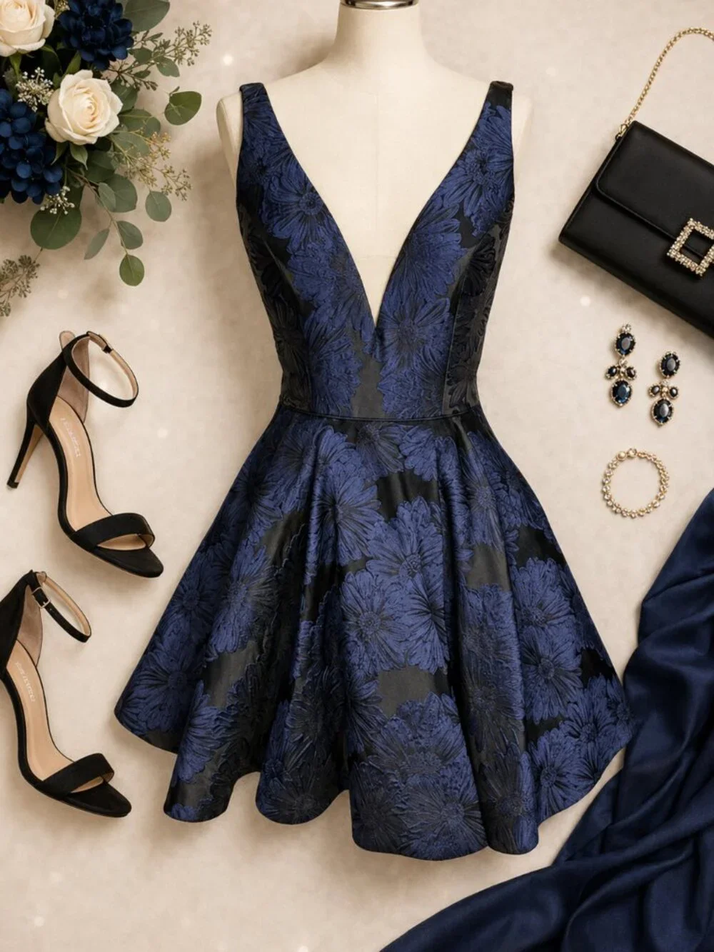 Sherri Hill | Dresses | Sherri Hill Navy Blue Floral Jacquard Fit Flare  Cocktail Dress Size 6 | Poshmark
